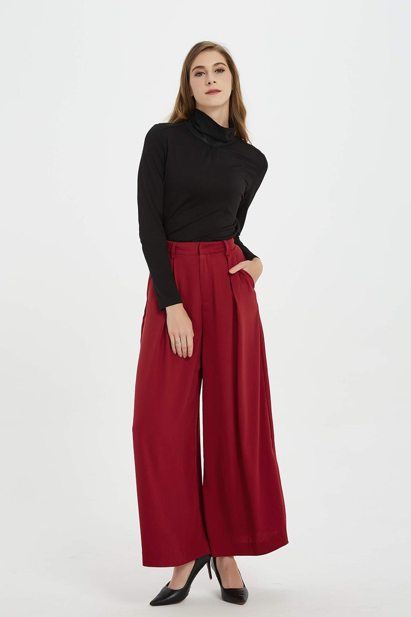 Tronjori Women High Waist Casual Wide Leg Long Palazzo Pants Trousers Regular Size(L, Dark Red) - Image 3